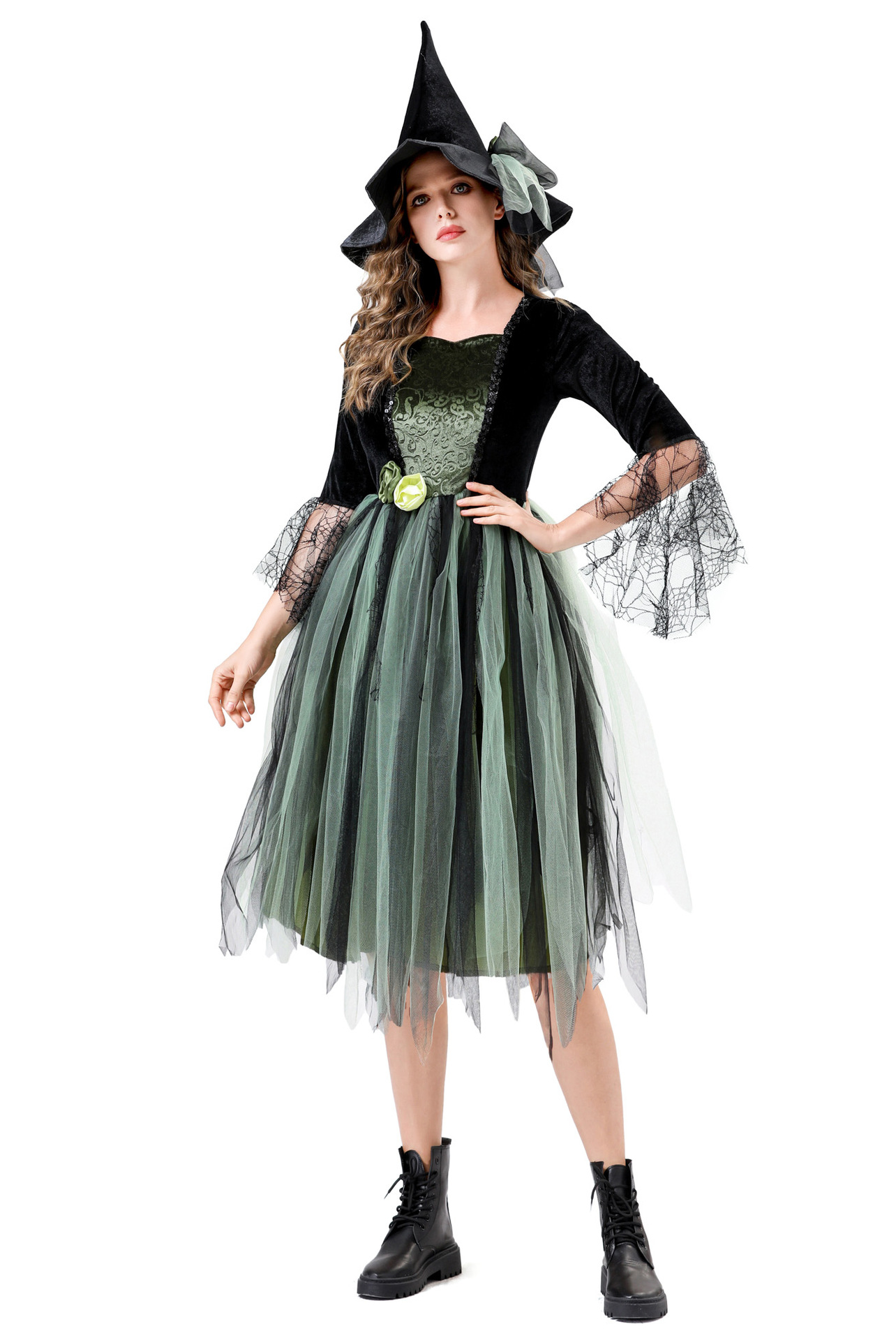 Women Green Witch Costume - Halloween Party Cosplay Outfit Adult Tulle Dress